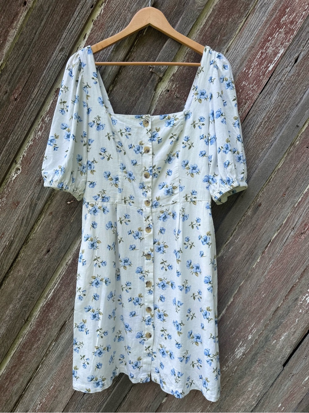 Old Navy Tall Linen Blend Blue Floral Midi Dress Puff Sleeve Cottagecore L
